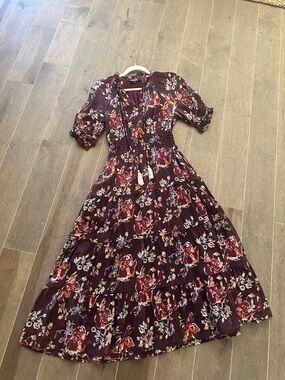 THML Burgundy Floral Ruffle-Neck Maxi